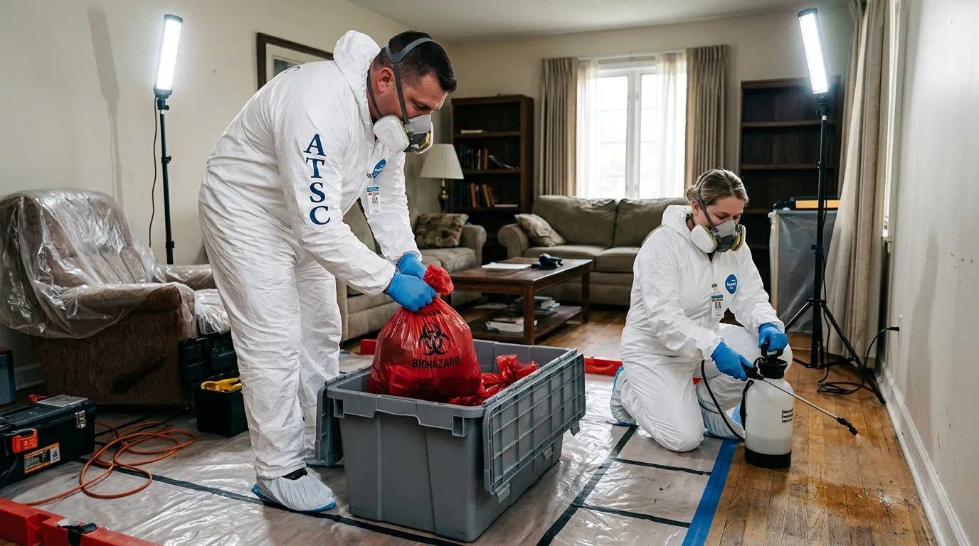 Professional Biohazard Cleanup technician in full PPE working in Monument